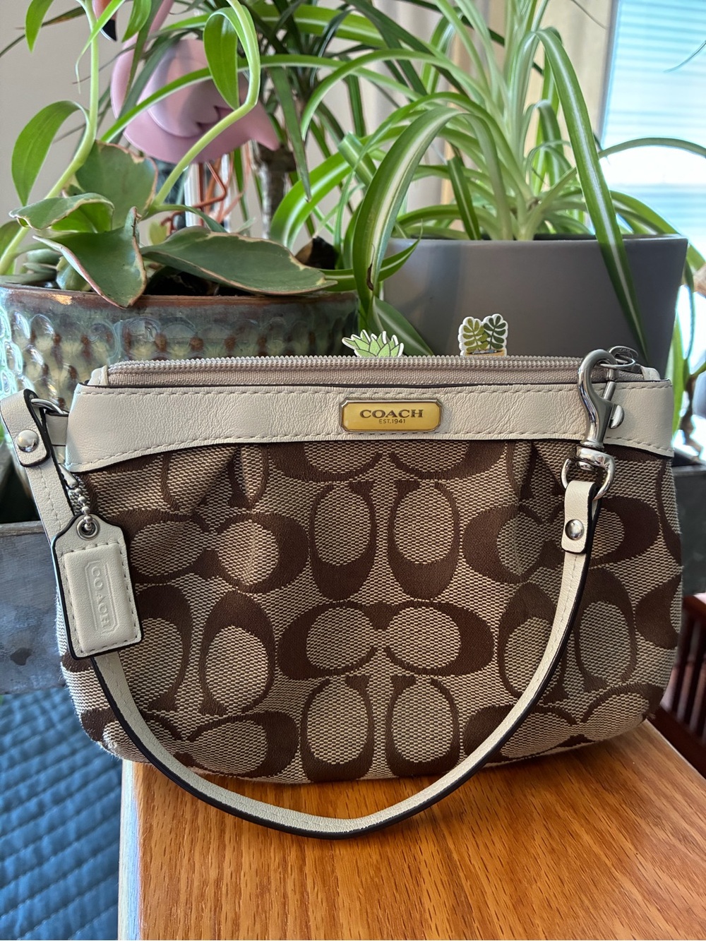 Coach Brown Signature Canvas Wristlet with Cream Trim and Gold Plaque